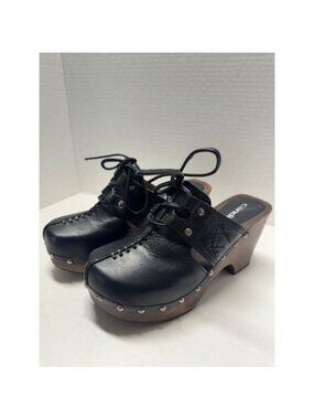 Candies Vintage Black Leather Lace Up Wooden Platform Clogs Mules Size 5M Brazil